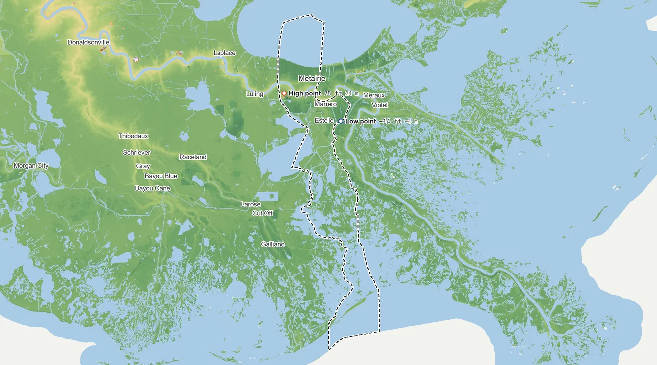Topographic elevation map of Jefferson Parish, Louisiana, shaded from 14 ft below sea level on the north side to 78 ft on the northwest side