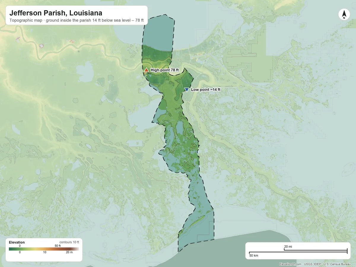 Topographic elevation map of Jefferson Parish, Louisiana, shaded from 14 ft below sea level on the north side to 78 ft on the northwest side