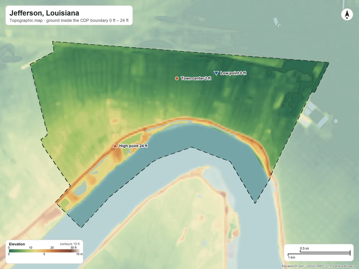 Topographic elevation map of Jefferson, Louisiana, shaded from 0 ft on the east side to 24 ft on the southwest side