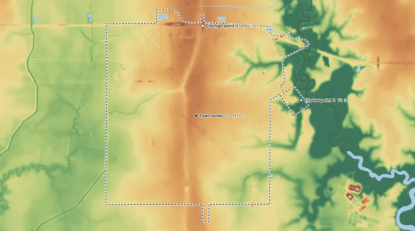 Topographic elevation map of Jennings, Louisiana, shaded from 0 ft on the east side to 43 ft on the north side
