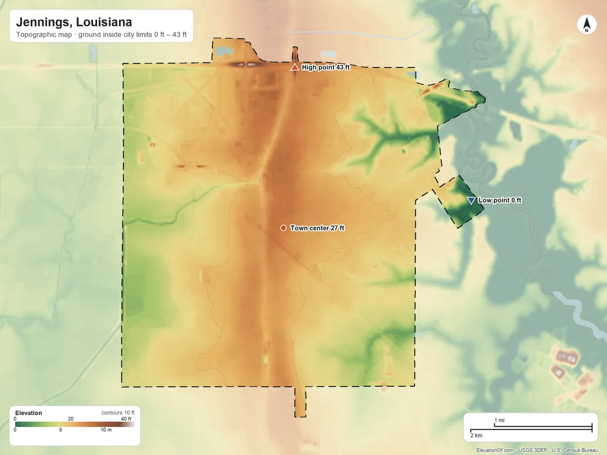 Topographic elevation map of Jennings, Louisiana, shaded from 0 ft on the east side to 43 ft on the north side