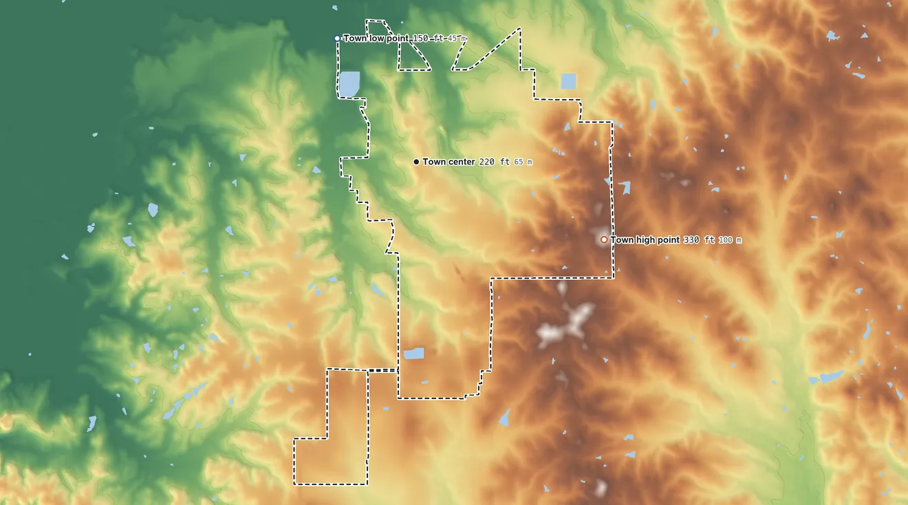 Topographic elevation map of Jonesboro, Louisiana, shaded from 150 ft on the northwest side to 330 ft on the southeast side