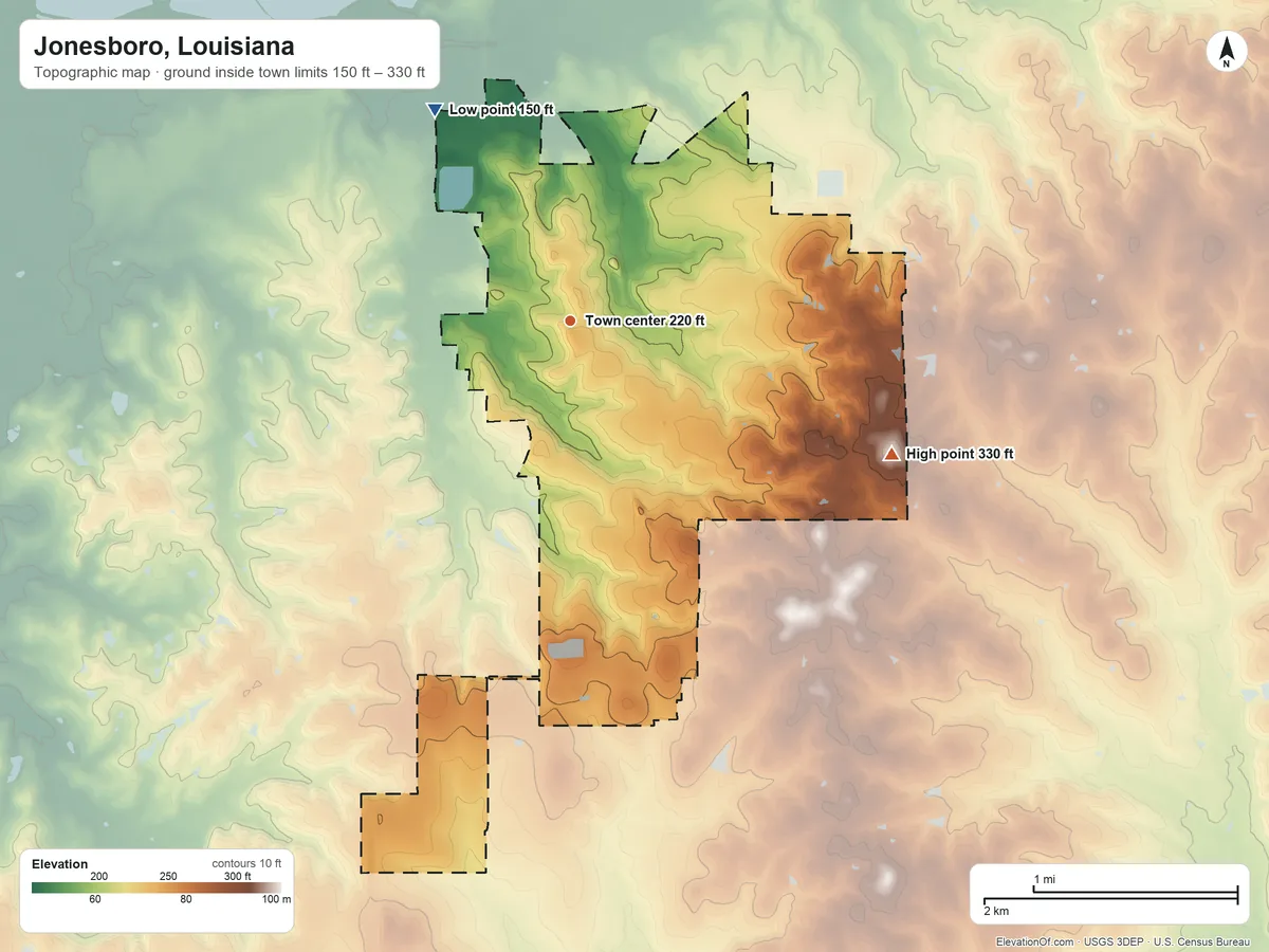Topographic elevation map of Jonesboro, Louisiana, shaded from 150 ft on the northwest side to 330 ft on the southeast side