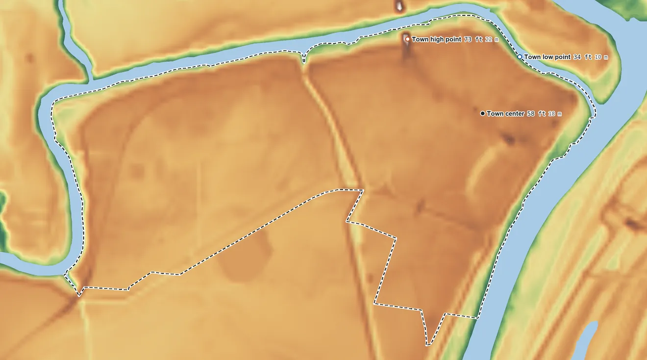 Topographic elevation map of Jonesville, Louisiana, shaded from 34 ft on the northeast side to 73 ft on the northwest side