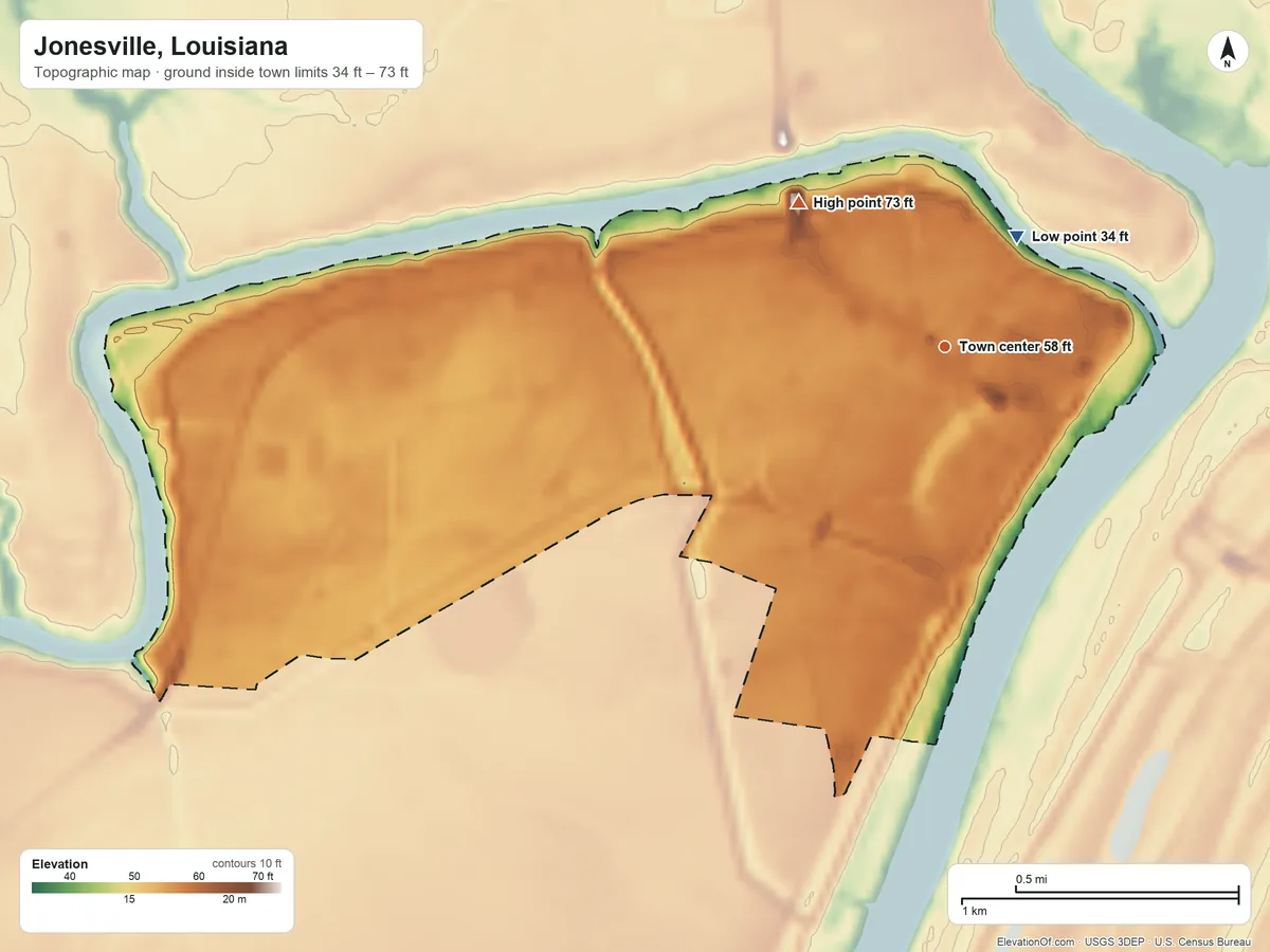 Topographic elevation map of Jonesville, Louisiana, shaded from 34 ft on the northeast side to 73 ft on the northwest side