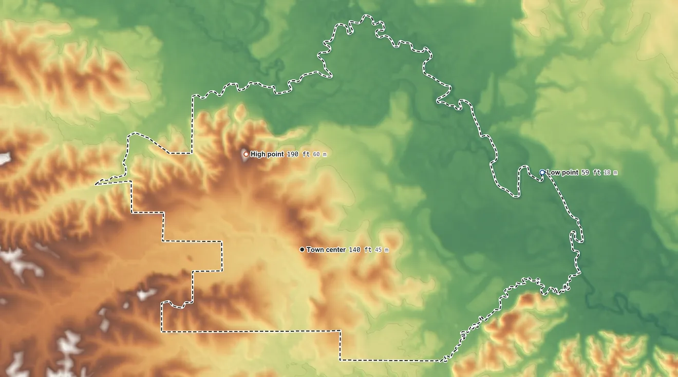 Topographic elevation map of Jordan Hill, Louisiana, shaded from 59 ft on the east side to 190 ft on the northwest side