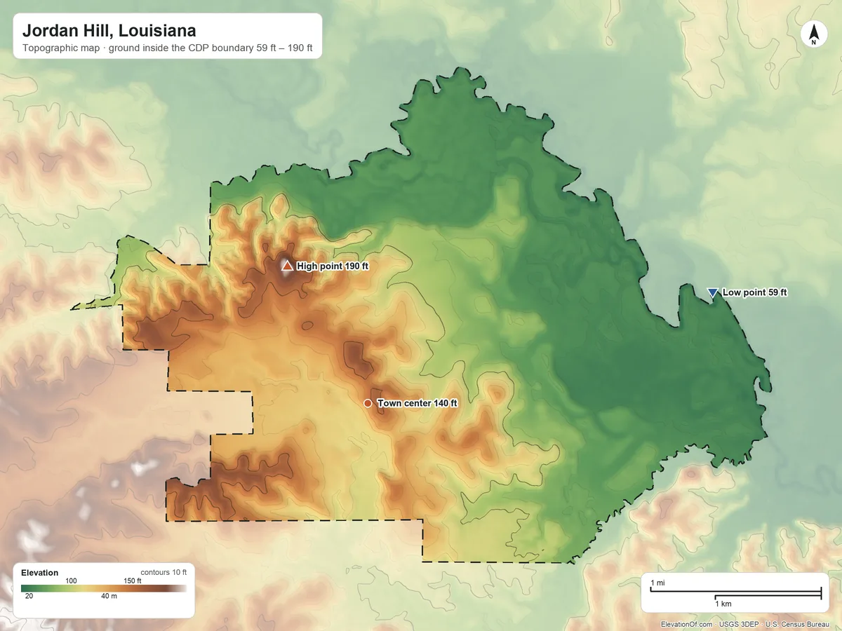 Topographic elevation map of Jordan Hill, Louisiana, shaded from 59 ft on the east side to 190 ft on the northwest side
