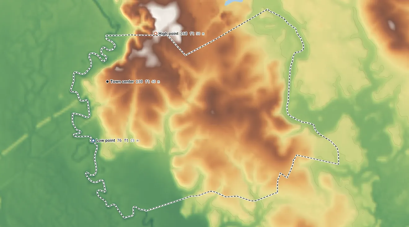 Topographic elevation map of Joyce, Louisiana, shaded from 76 ft on the south side to 160 ft on the northeast side