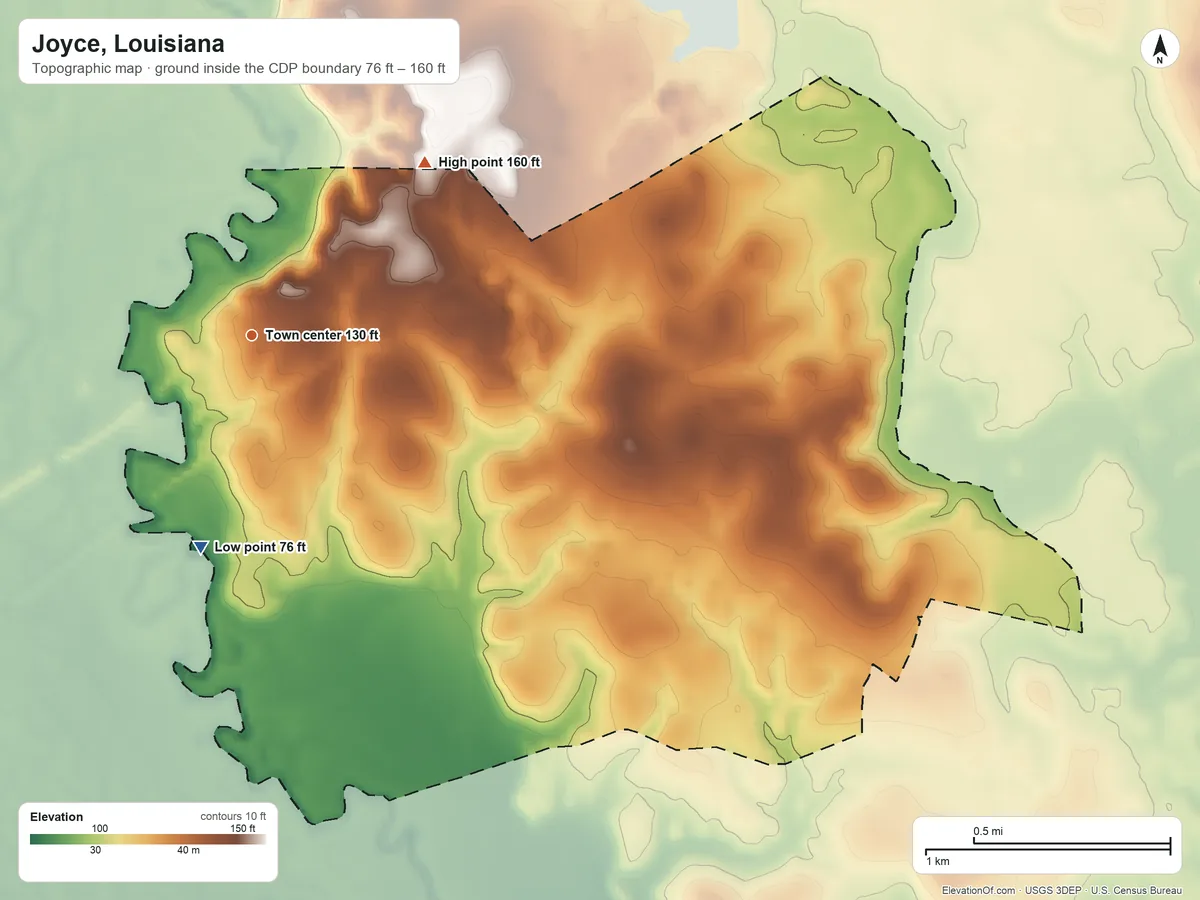 Topographic elevation map of Joyce, Louisiana, shaded from 76 ft on the south side to 160 ft on the northeast side