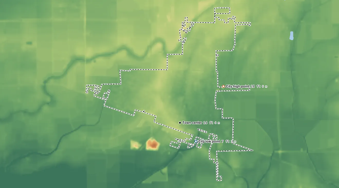 Topographic elevation map of Kaplan, Louisiana, shaded from 7 ft on the southeast side to 20 ft on the northeast side