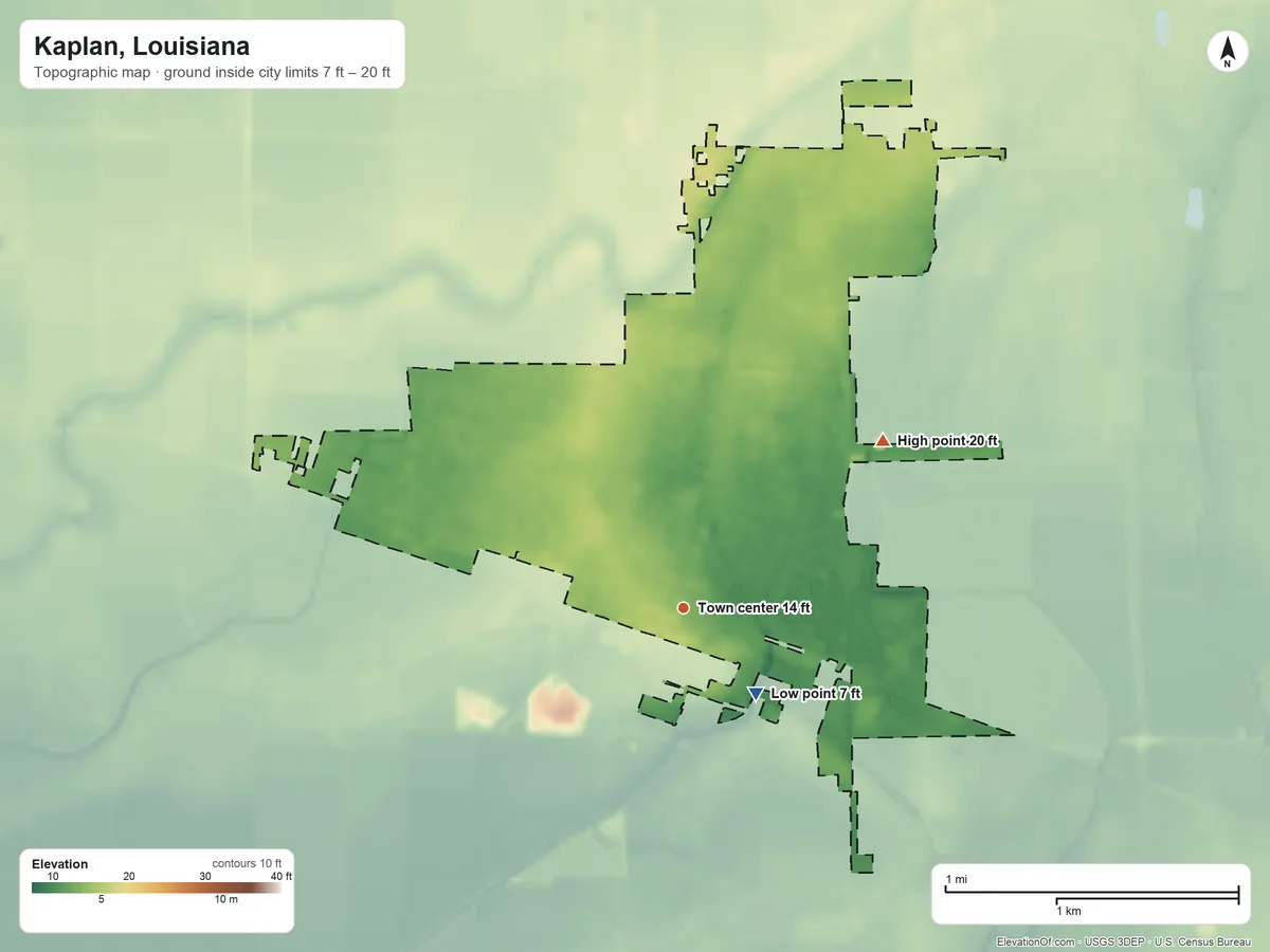 Topographic elevation map of Kaplan, Louisiana, shaded from 7 ft on the southeast side to 20 ft on the northeast side