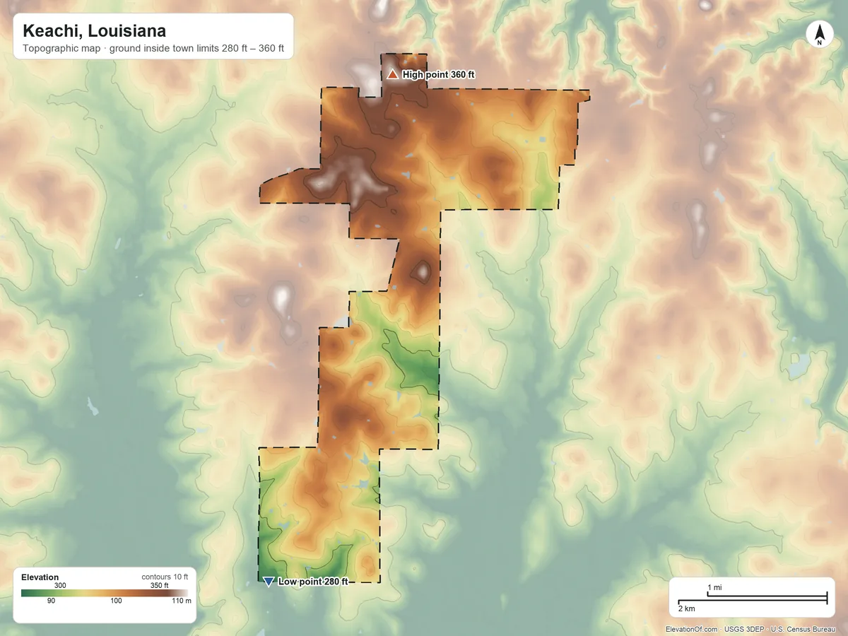 Topographic elevation map of Keachi, Louisiana, shaded from 280 ft on the southwest side to 360 ft on the north side