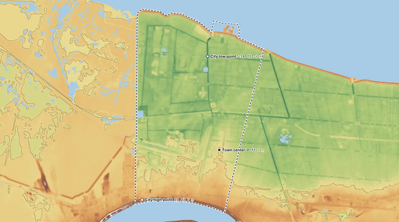 Topographic elevation map of Kenner, Louisiana, shaded from −14 ft on the north side to 21 ft on the southwest side