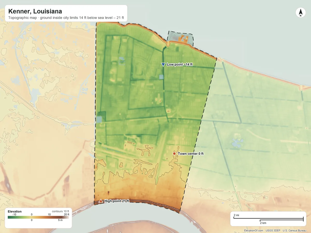 Topographic elevation map of Kenner, Louisiana, shaded from −14 ft on the north side to 21 ft on the southwest side