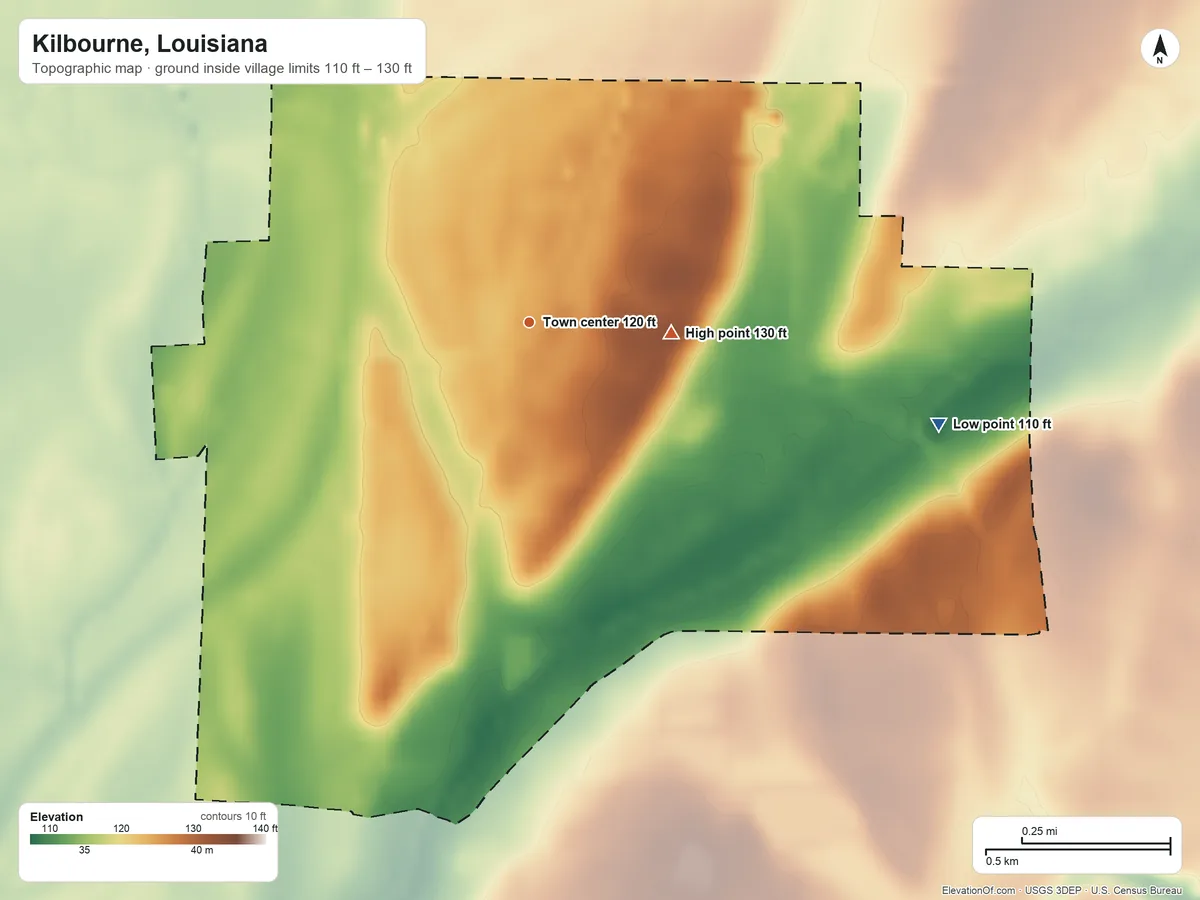 Topographic elevation map of Kilbourne, Louisiana, shaded from 110 ft on the east side to 130 ft on the east side