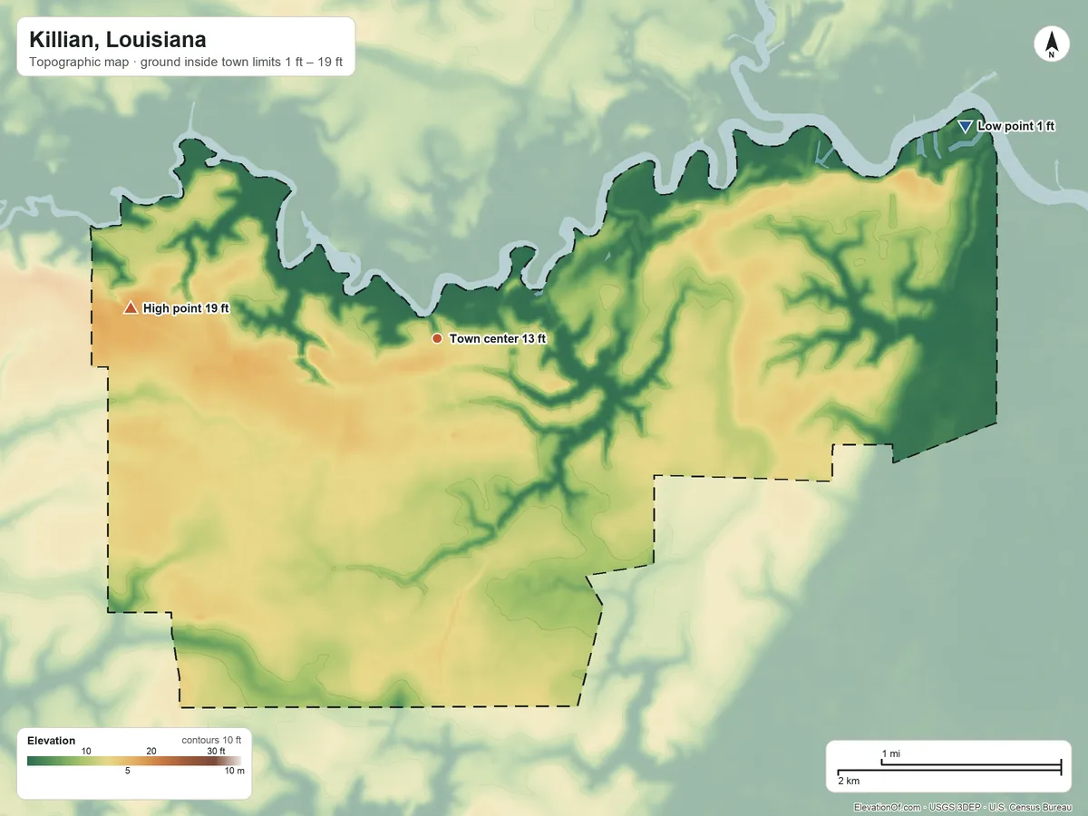 Topographic elevation map of Killian, Louisiana, shaded from 1 ft on the east side to 19 ft on the west side