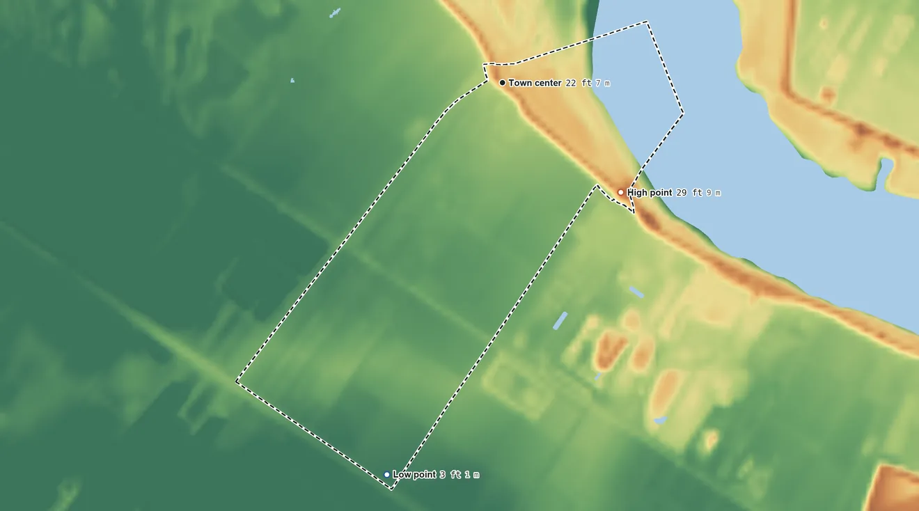 Topographic elevation map of Killona, Louisiana, shaded from 3 ft on the south side to 29 ft on the southeast side