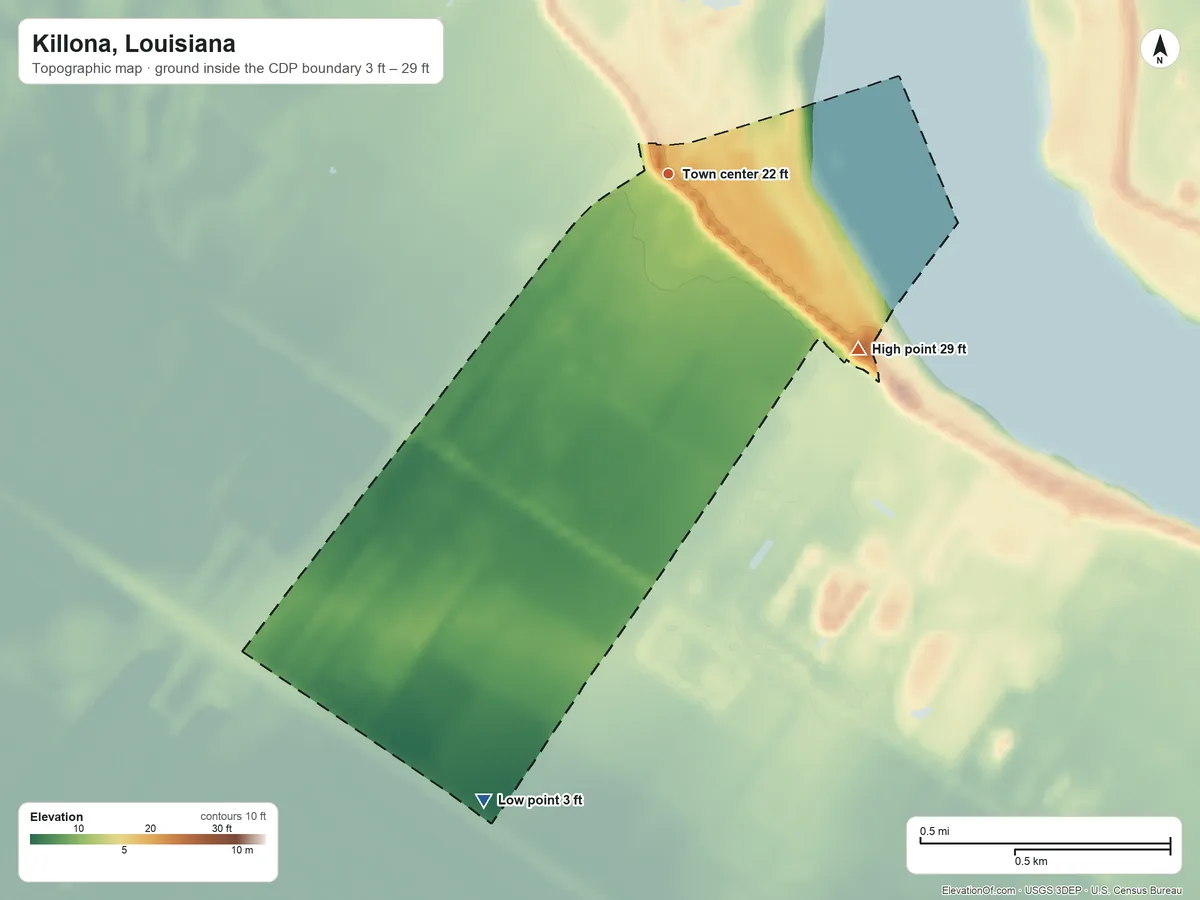 Topographic elevation map of Killona, Louisiana, shaded from 3 ft on the south side to 29 ft on the southeast side