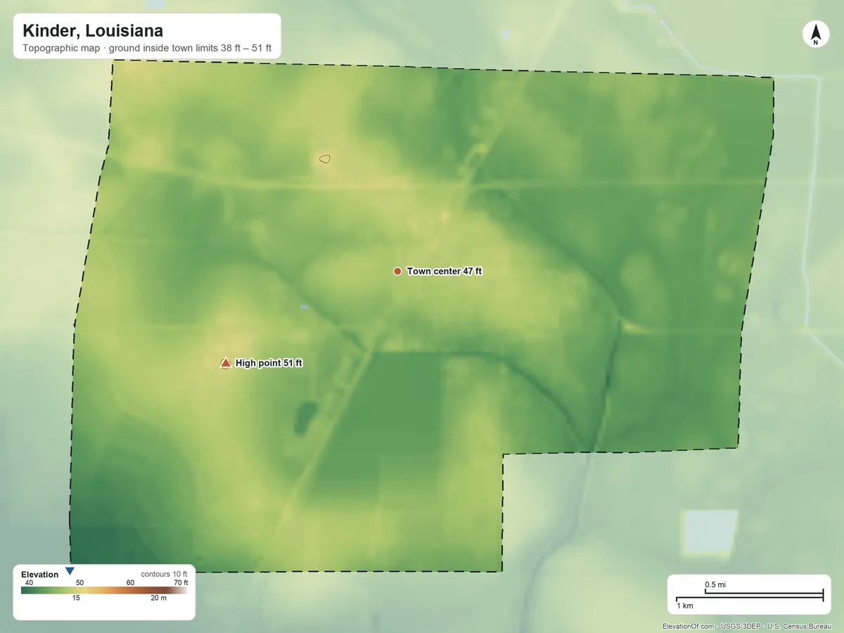 Topographic elevation map of Kinder, Louisiana, shaded from 38 ft on the southwest side to 51 ft on the southwest side