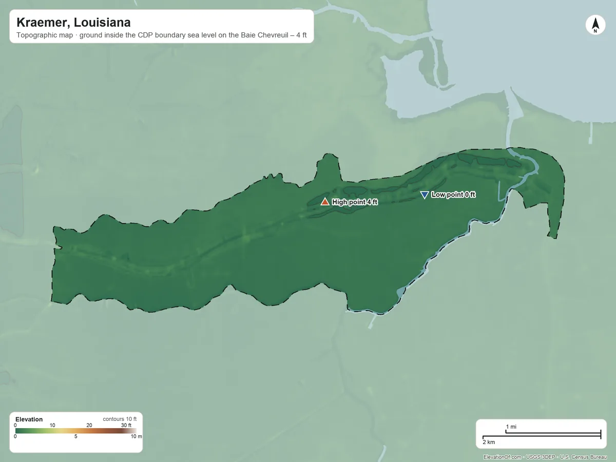 Topographic elevation map of Kraemer, Louisiana, shaded from sea level level on the Baie Chevreuil to 4 ft near the middle