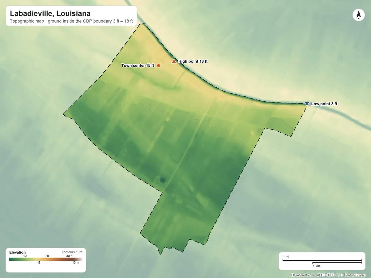 Topographic elevation map of Labadieville, Louisiana, shaded from 3 ft on the east side to 18 ft near the middle