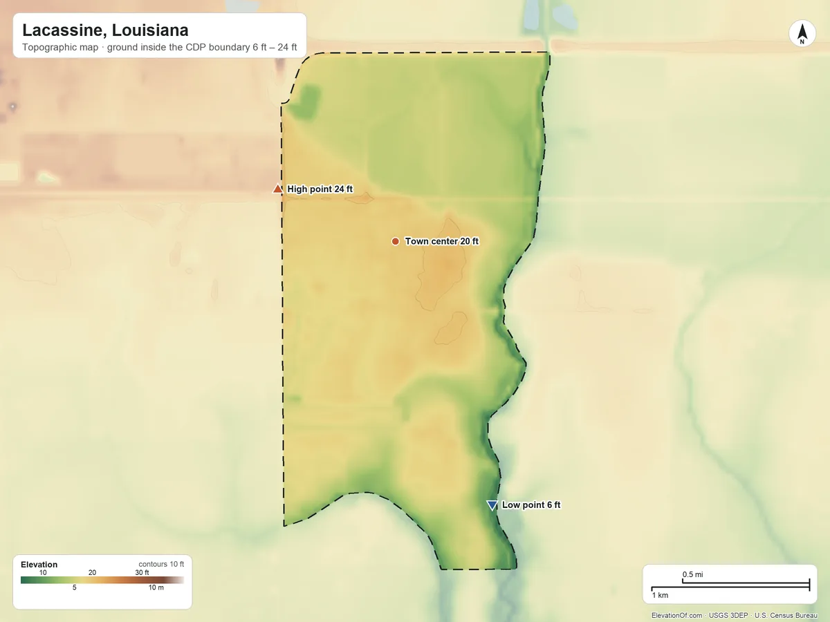 Topographic elevation map of Lacassine, Louisiana, shaded from 6 ft on the south side to 24 ft on the northwest side