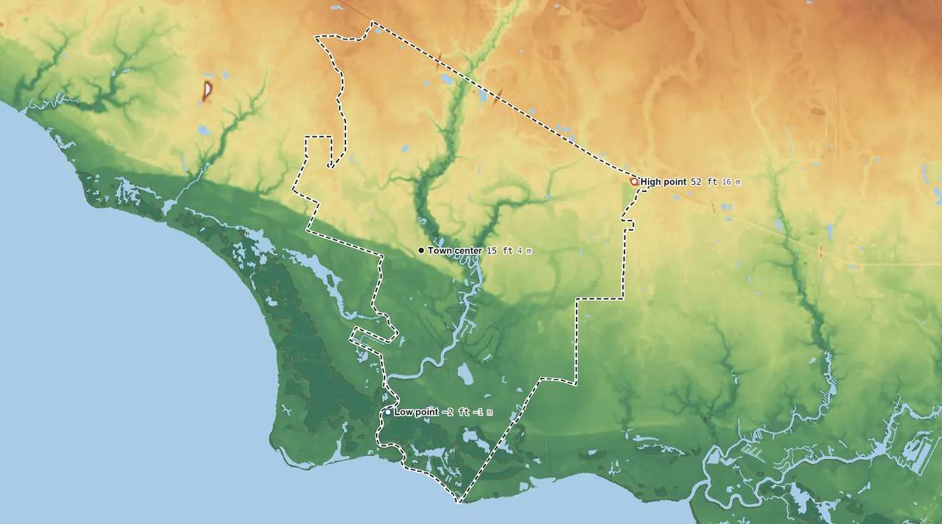 Topographic elevation map of Lacombe, Louisiana, shaded from −2 ft on the south side to 52 ft on the east side
