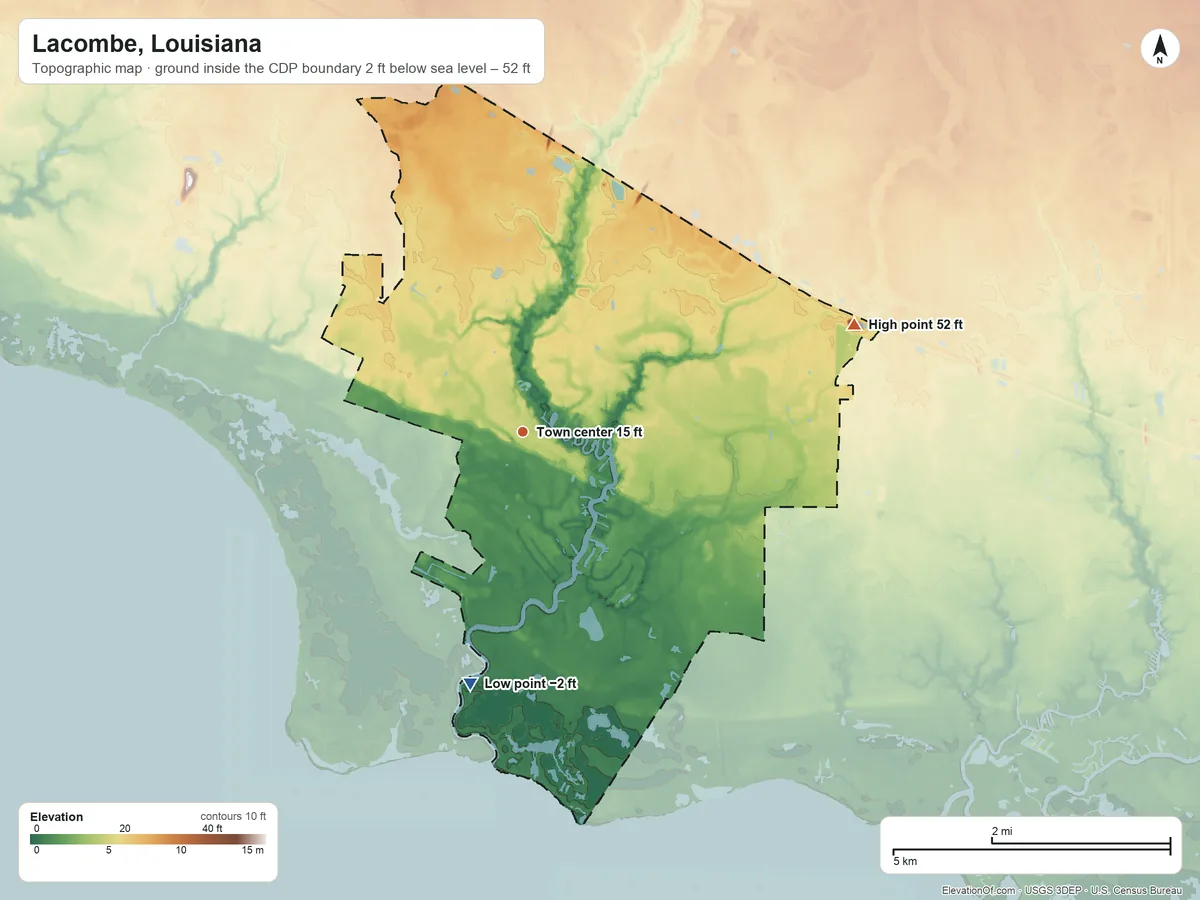 Topographic elevation map of Lacombe, Louisiana, shaded from −2 ft on the south side to 52 ft on the east side
