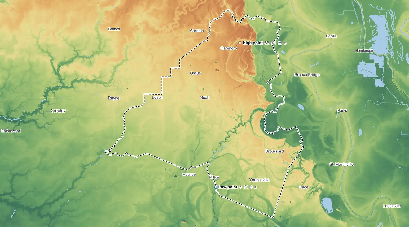 Topographic elevation map of Lafayette Parish, Louisiana, shaded from 0 ft on the south side to 82 ft on the northeast side