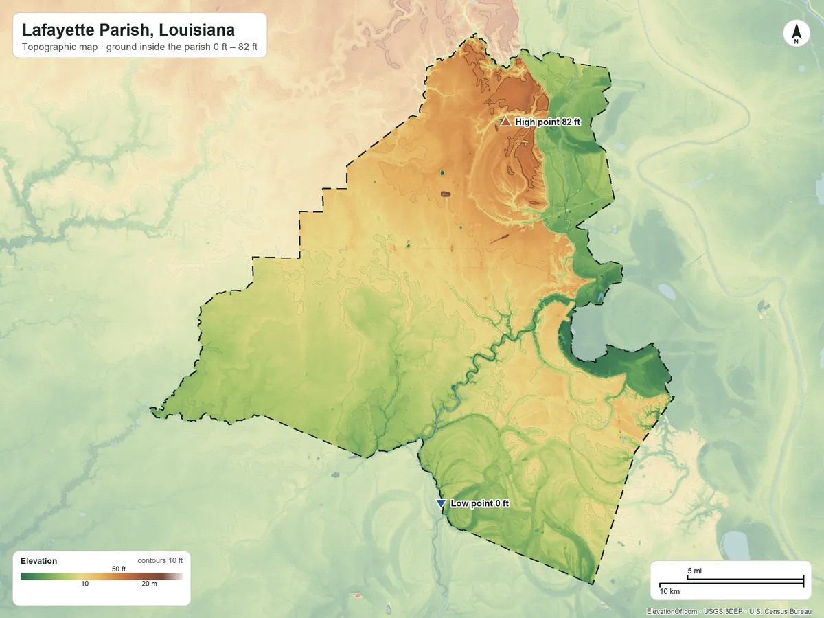 Topographic elevation map of Lafayette Parish, Louisiana, shaded from 0 ft on the south side to 82 ft on the northeast side