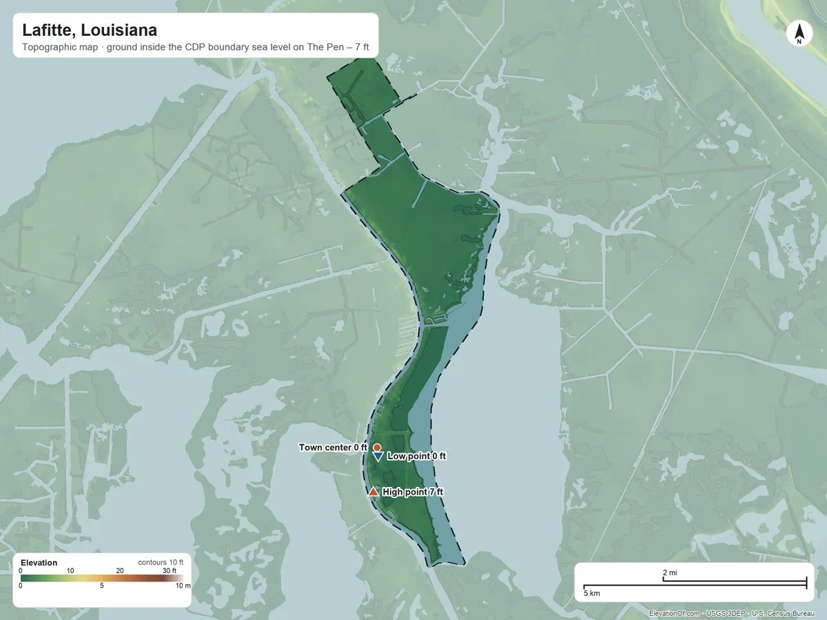 Topographic elevation map of Lafitte, Louisiana, shaded from sea level level on The Pen to 7 ft near the middle
