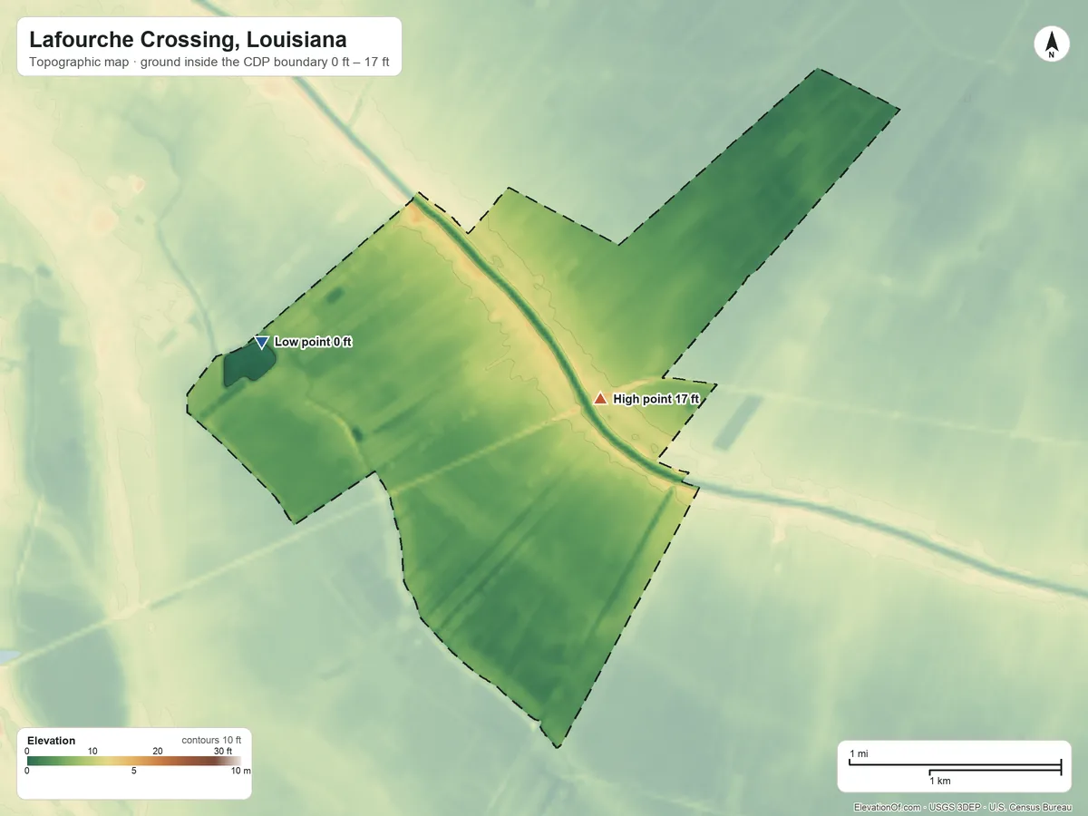 Topographic elevation map of Lafourche Crossing, Louisiana, shaded from 0 ft on the west side to 17 ft on the east side