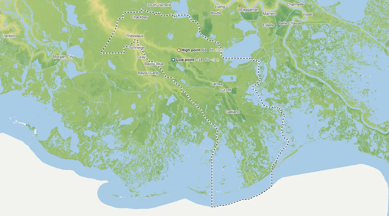 Topographic elevation map of Lafourche Parish, Louisiana, shaded from 18 ft below sea level on the northwest side to 68 ft on the north side
