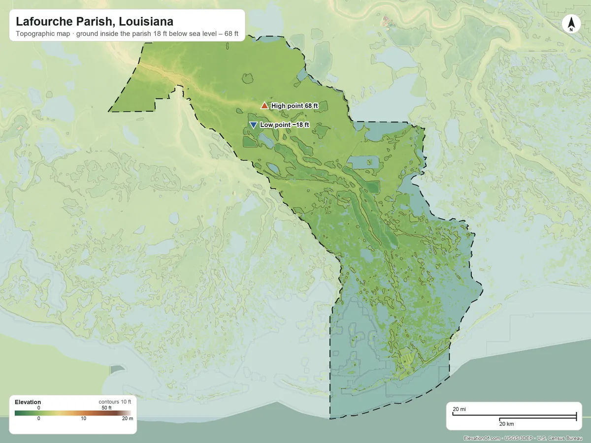 Topographic elevation map of Lafourche Parish, Louisiana, shaded from 18 ft below sea level on the northwest side to 68 ft on the north side