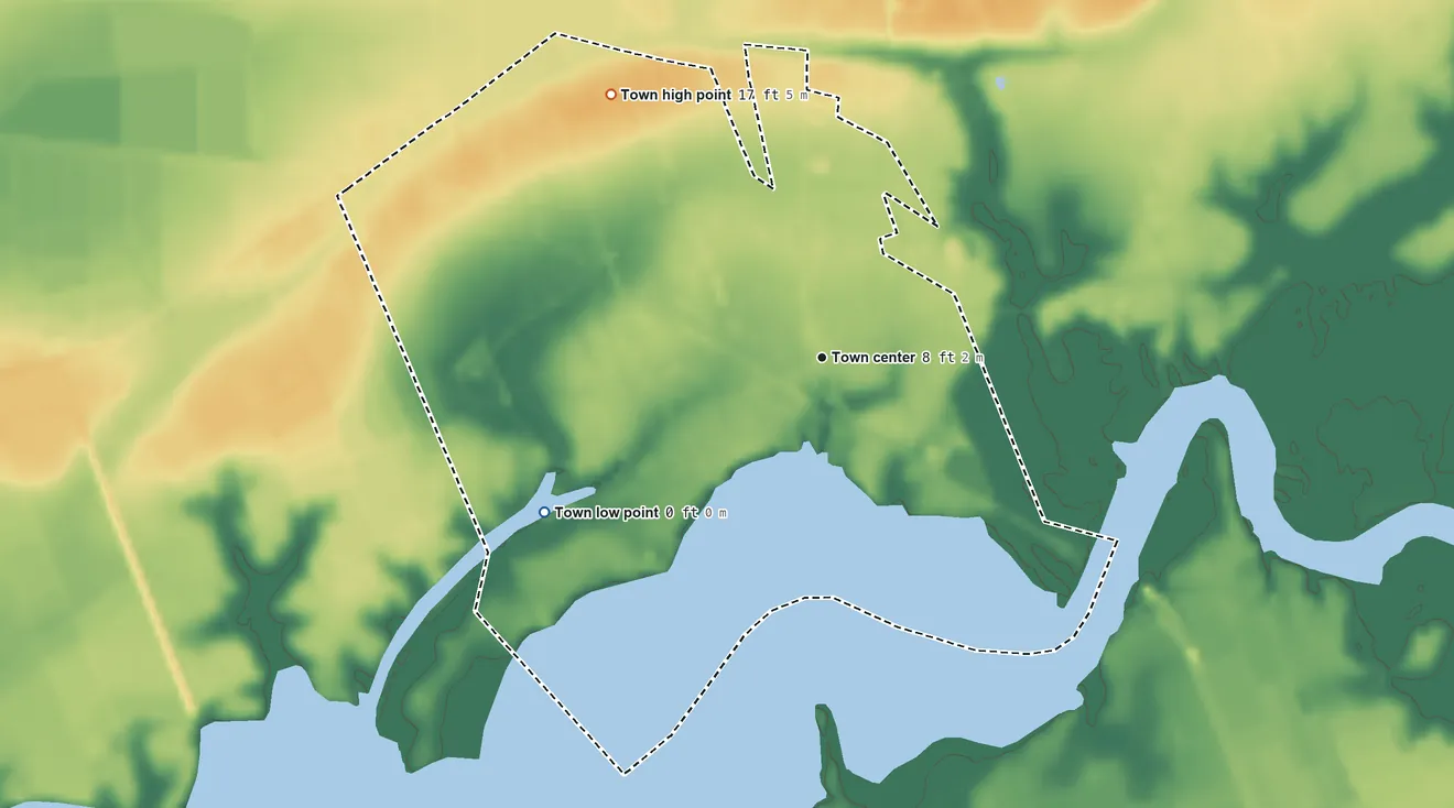 Topographic elevation map of Lake Arthur, Louisiana, shaded from 0 ft on the southwest side to 17 ft on the northwest side