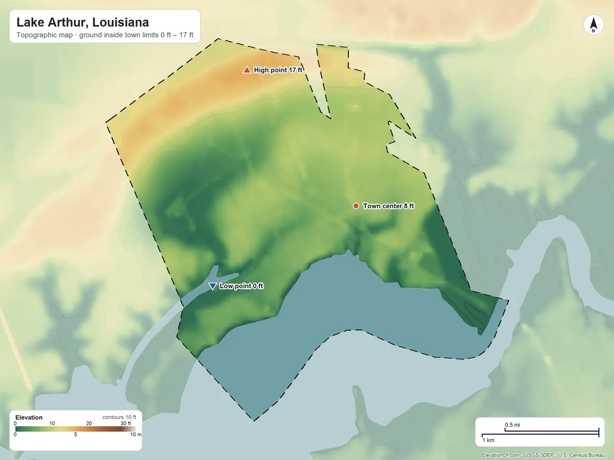 Topographic elevation map of Lake Arthur, Louisiana, shaded from 0 ft on the southwest side to 17 ft on the northwest side