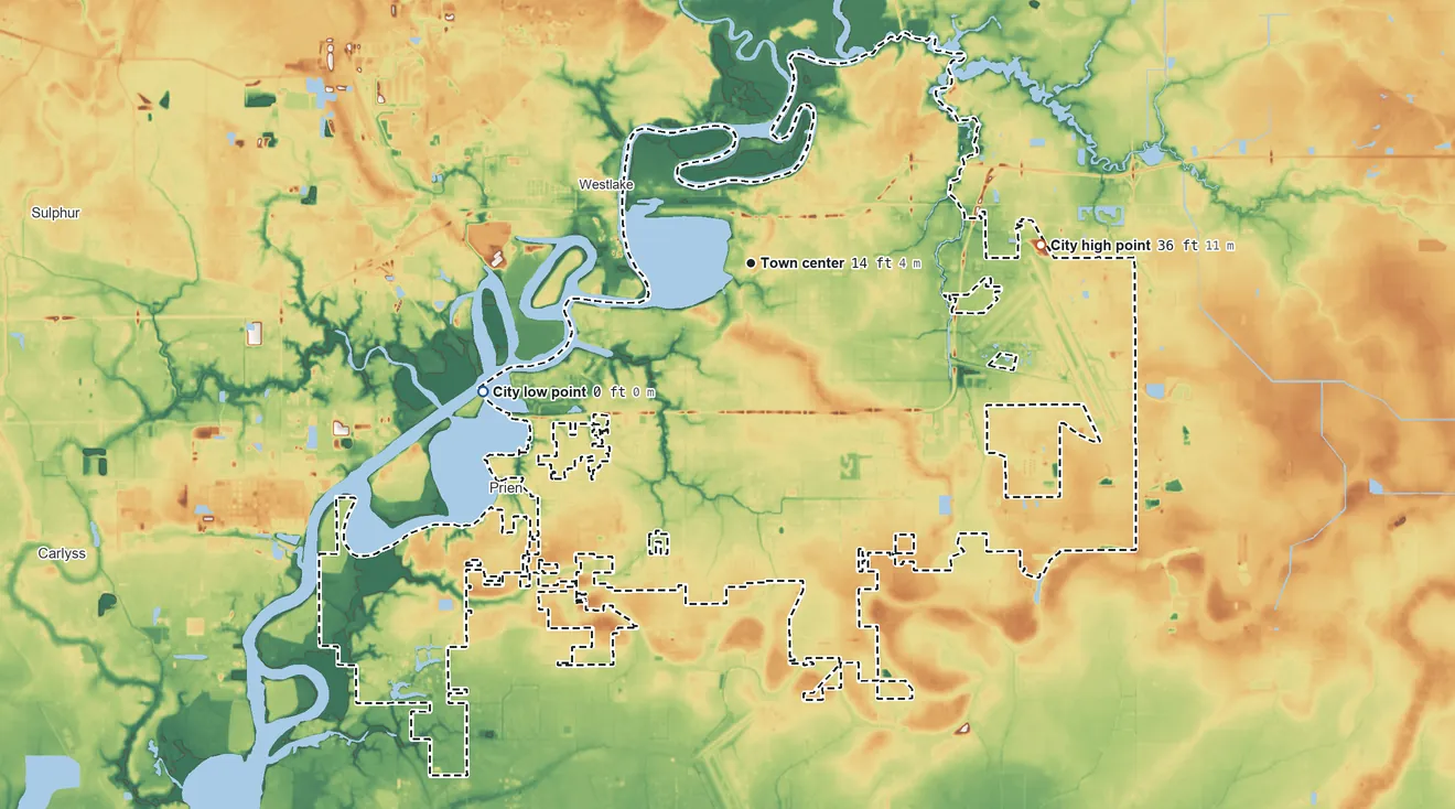 Topographic elevation map of Lake Charles, Louisiana, shaded from sea level level on Indian Bay to 36 ft on the east side