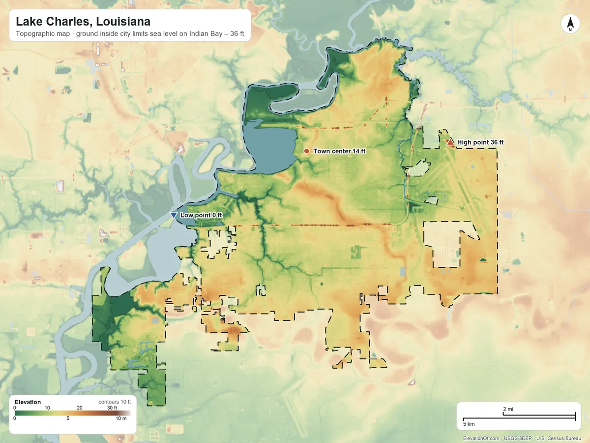 Topographic elevation map of Lake Charles, Louisiana, shaded from sea level level on Indian Bay to 36 ft on the east side