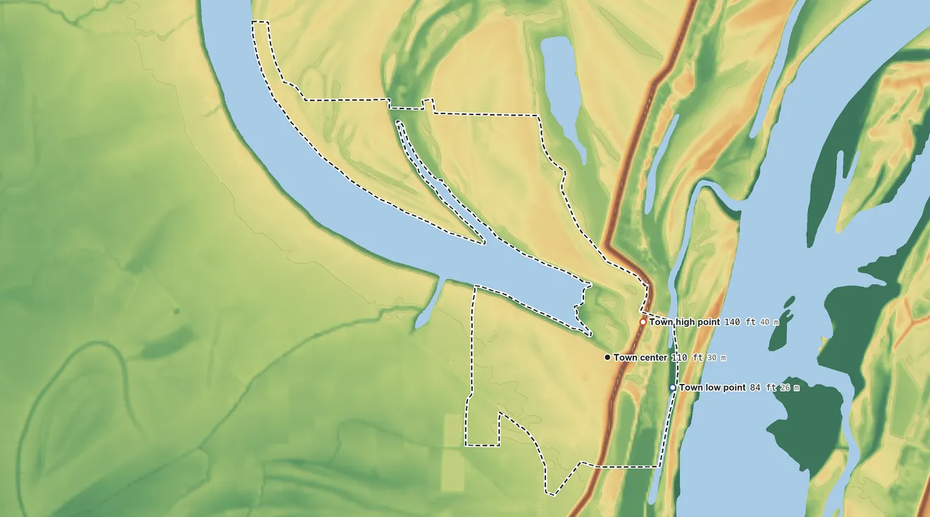 Topographic elevation map of Lake Providence, Louisiana, shaded from 84 ft on the southeast side to 140 ft near the middle