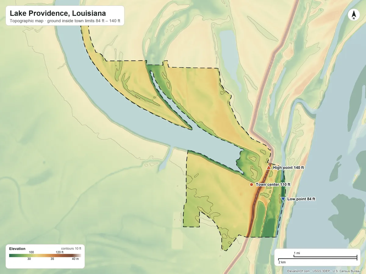 Topographic elevation map of Lake Providence, Louisiana, shaded from 84 ft on the southeast side to 140 ft near the middle