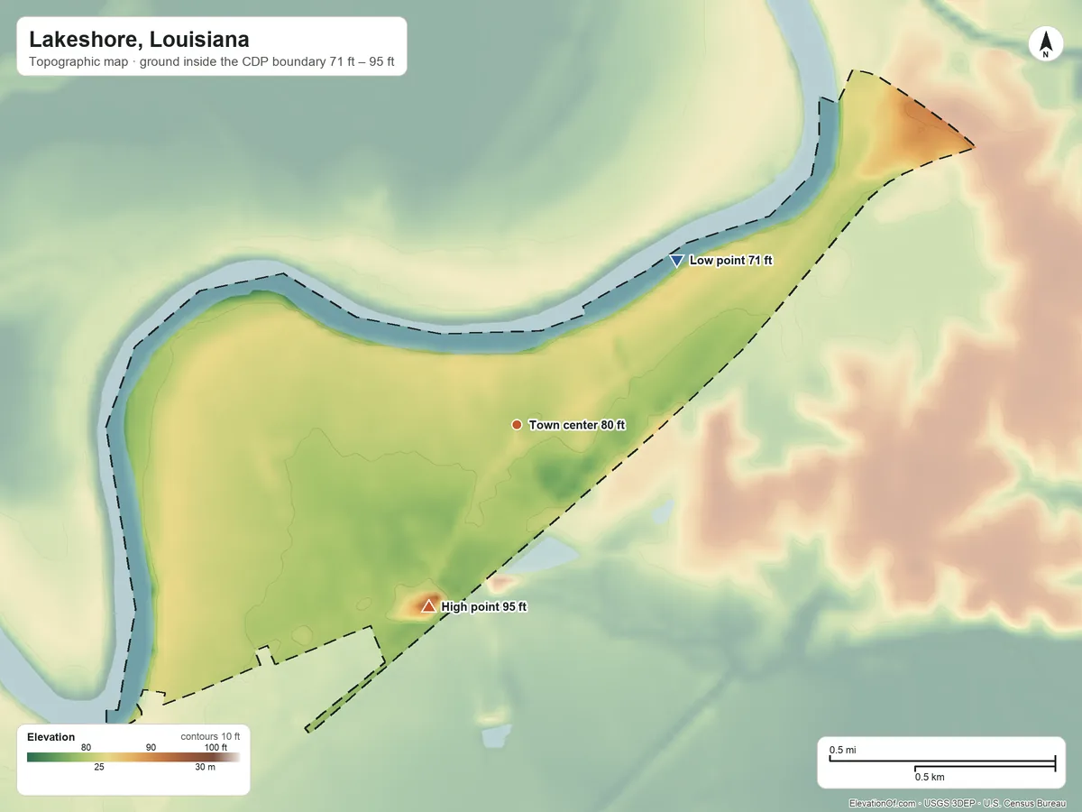 Topographic elevation map of Lakeshore, Louisiana, shaded from 71 ft on the northeast side to 95 ft on the southwest side