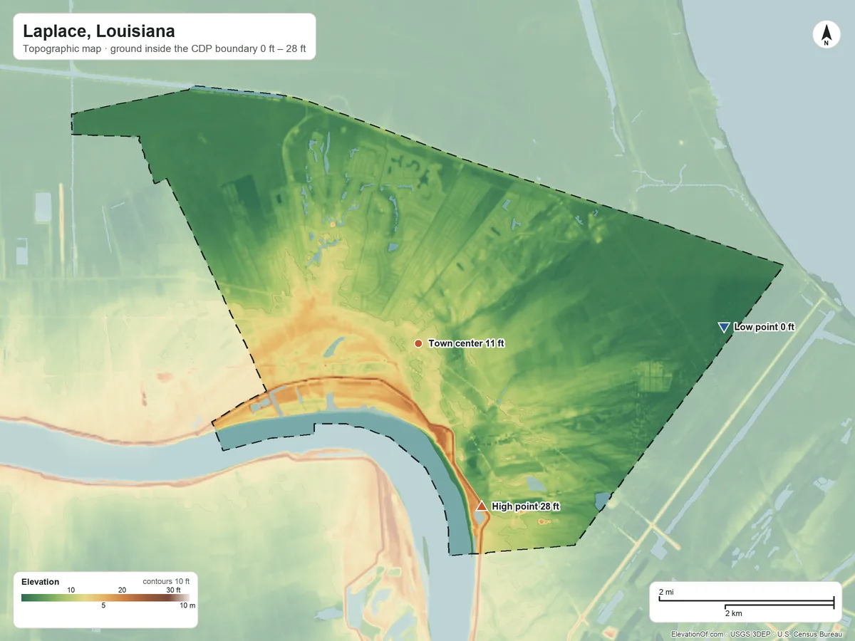 Topographic elevation map of Laplace, Louisiana, shaded from 0 ft on the east side to 28 ft on the south side