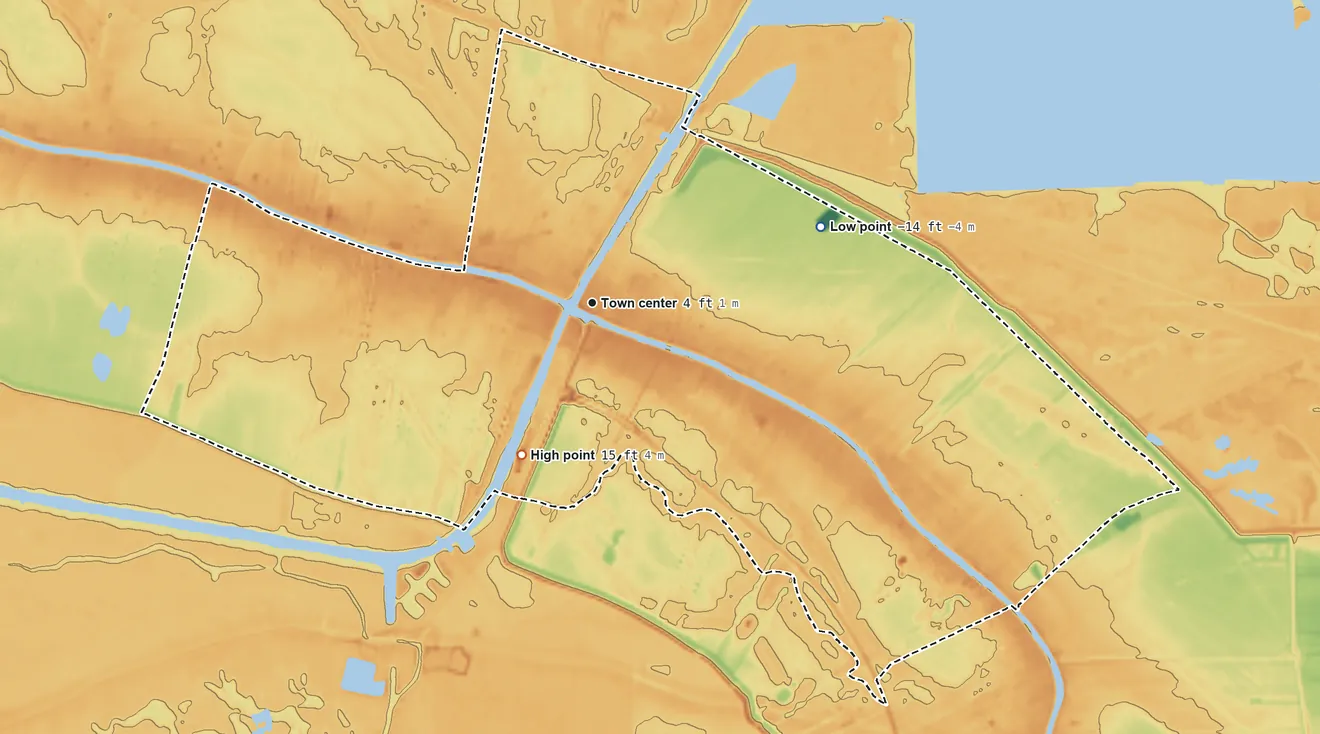 Topographic elevation map of Larose, Louisiana, shaded from −14 ft on the east side to 15 ft on the southwest side