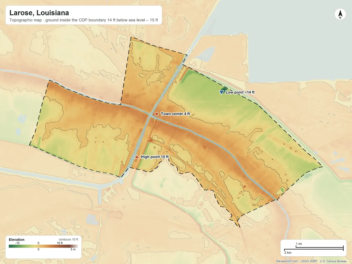 Topographic elevation map of Larose, Louisiana, shaded from −14 ft on the east side to 15 ft on the southwest side