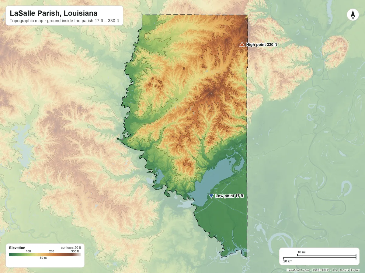 Topographic elevation map of LaSalle Parish, Louisiana, shaded from 17 ft on the southeast side to 330 ft on the northeast side