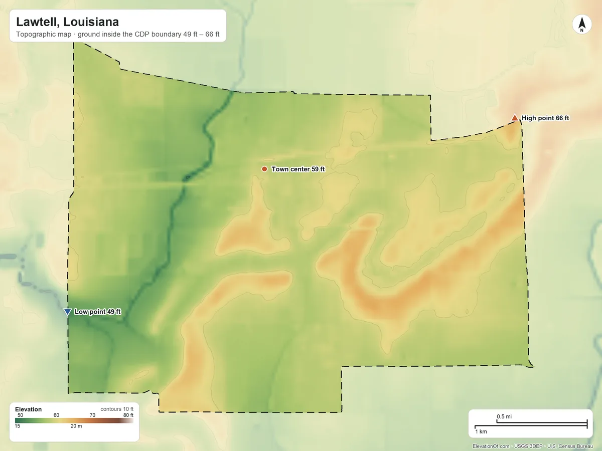 Topographic elevation map of Lawtell, Louisiana, shaded from 49 ft on the southwest side to 66 ft on the east side