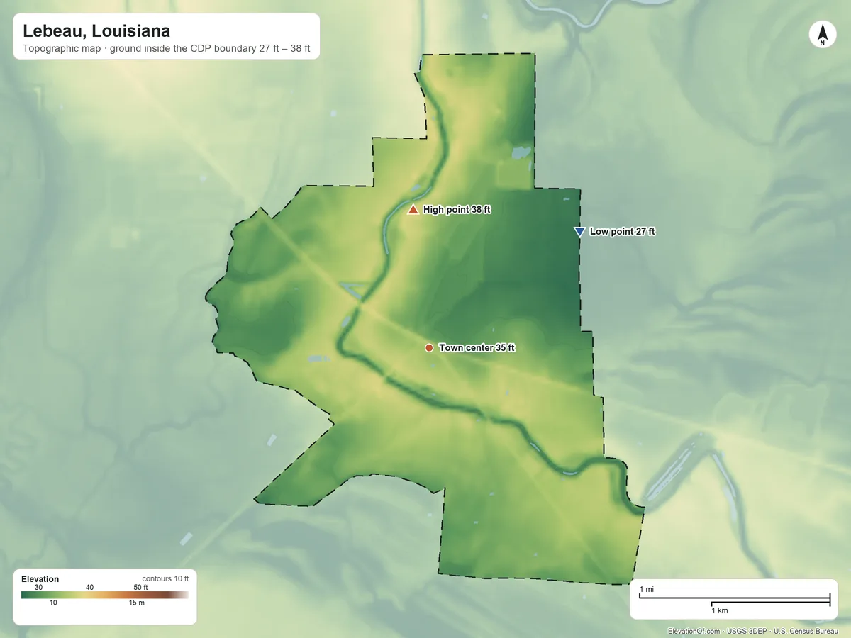 Topographic elevation map of Lebeau, Louisiana, shaded from 27 ft on the northeast side to 38 ft on the north side