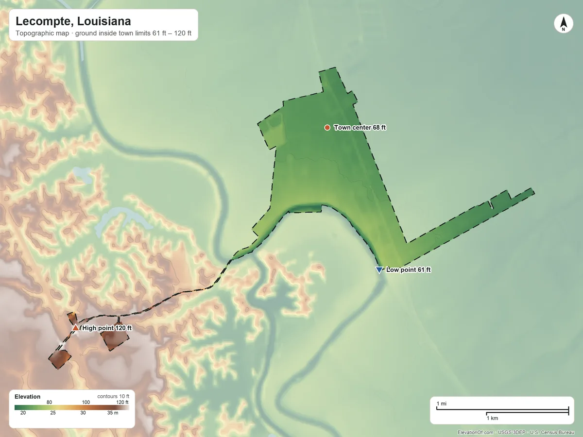 Topographic elevation map of Lecompte, Louisiana, shaded from 61 ft on the south side to 120 ft on the southwest side