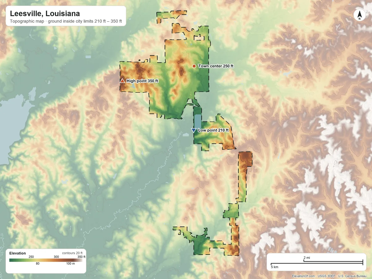 Topographic elevation map of Leesville, Louisiana, shaded from 210 ft on the south side to 350 ft on the west side