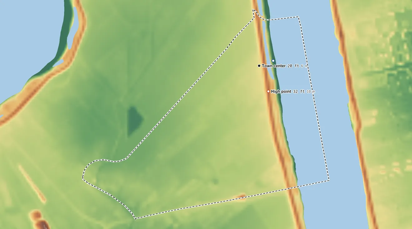 Topographic elevation map of Lemannville, Louisiana, shaded from 8 ft near the middle to 32 ft near the middle